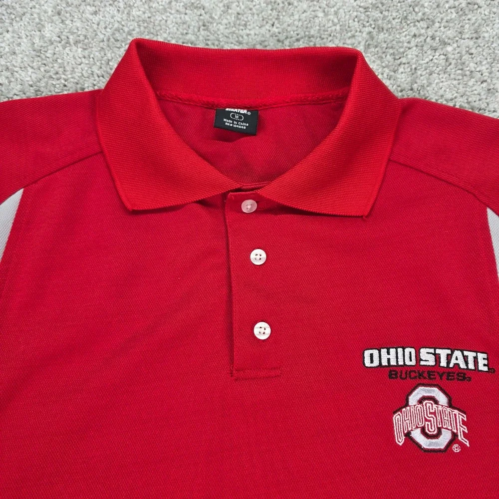 Vtg Starter Ohio State Buckeyes Polo Shirt Mens Medium Red Grey Colorblock NCAA